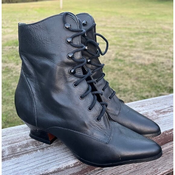 Vintage Victorian Edwardian Style Leather Lace Up Granny Ankle Boots Black 7.5 - Picture 1 of 6